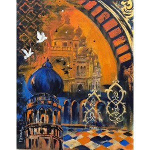 Firdous Siddiqui, Mosque at Sunset, 18 x 24 Inch, Acrylic on Canvas, Cityscape Painting, AC-FRSQ-005